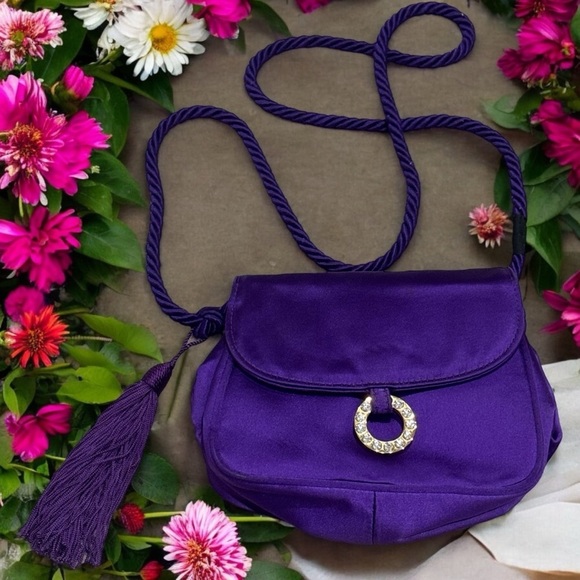 Saks Fifth Avenue Royal Purple Satin Mini Purse with Rhinestone Detailing - Picture 1 of 11